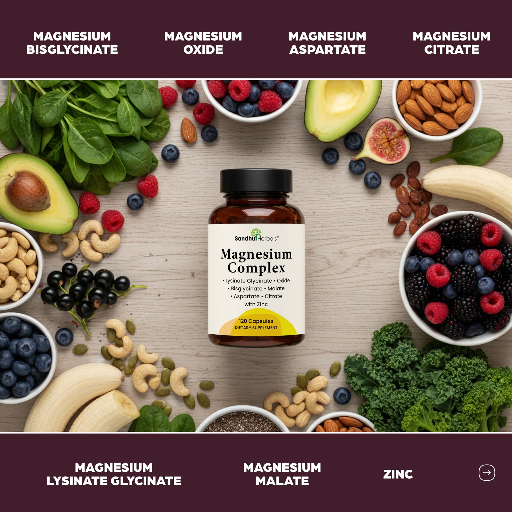 Complete Magnesium Complex 500mg for Women & Men | 120 Capsules | 6 in 1 Mag Supplement with Zinc | Quality Sleep & Muscle Health | Glycinate, Citrate, Malate, Oxide, Aspartate, Lysinate Glycinate SANDHUHERBALS buy supplements Au