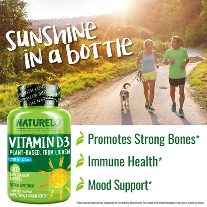 NATURELO Vitamin D - 2500 IU - Plant Based from Lichen - Natural D3 Supplement for Immune System, Bone Support, Joint Health - Vegan