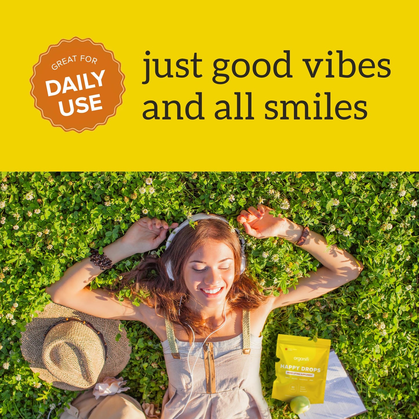 Organifi Happy Drops - Daily Superfood Happy Gummies for Adults - Mood Support Supplement for Balance, Bliss, Energy and Taking the Edge Off - Sweet Lemon Flavor - 60 Gummies