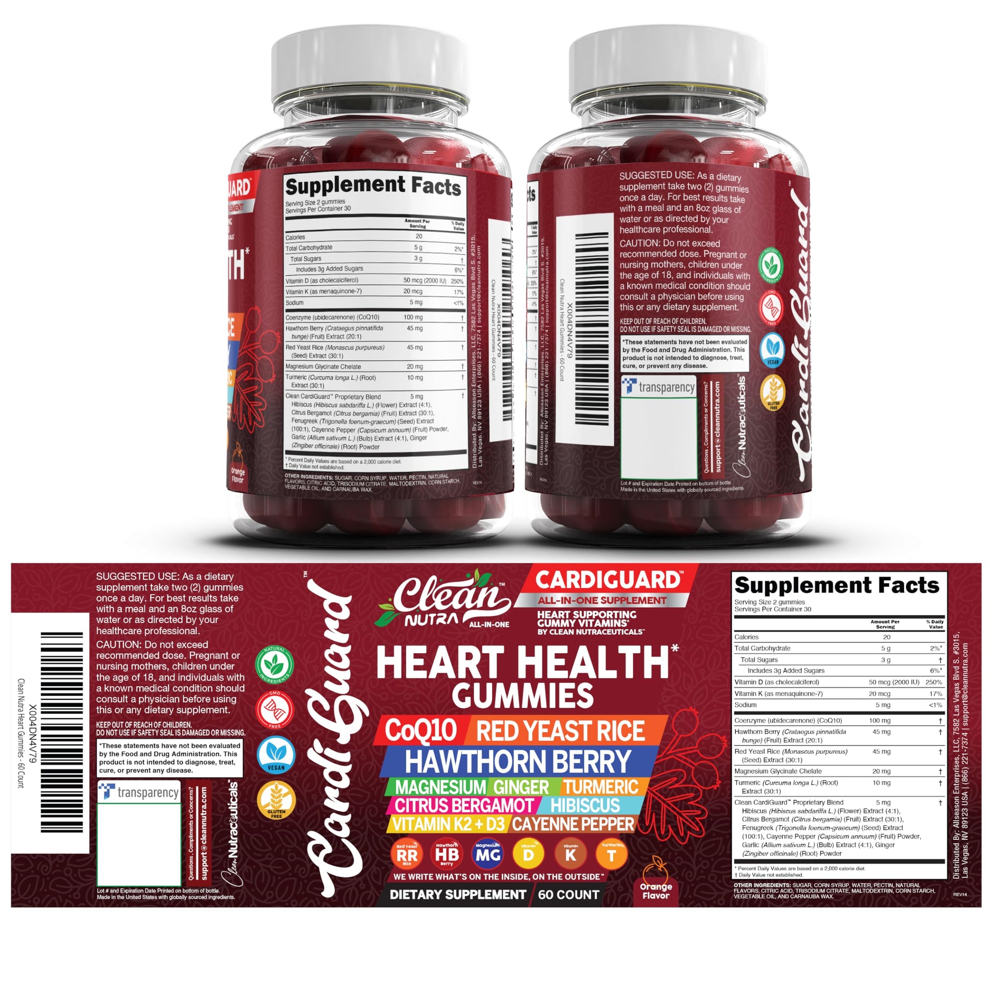 Clean Nutraceuticals Coq10 Gummies | Red Yeast Rice Hawthorn Berry Ginger Turmeric Citrus Bergamot Hibiscus Vitamin K2+D3 Magnesium Glycinate Cayenne Pepper Fenugreek Orange Flavor CardiGuard Clean NutraceuticalsBuy Supplements Australia