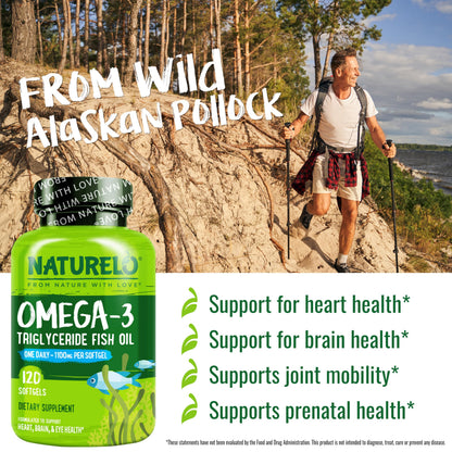 NATURELO Burpless Omega 3 Fish Oil Supplement - 1100mg Triglyceride Omega-3, EPA + DHA, Liquid Fish Oil for Heart, Eye, Brain, Joint Health