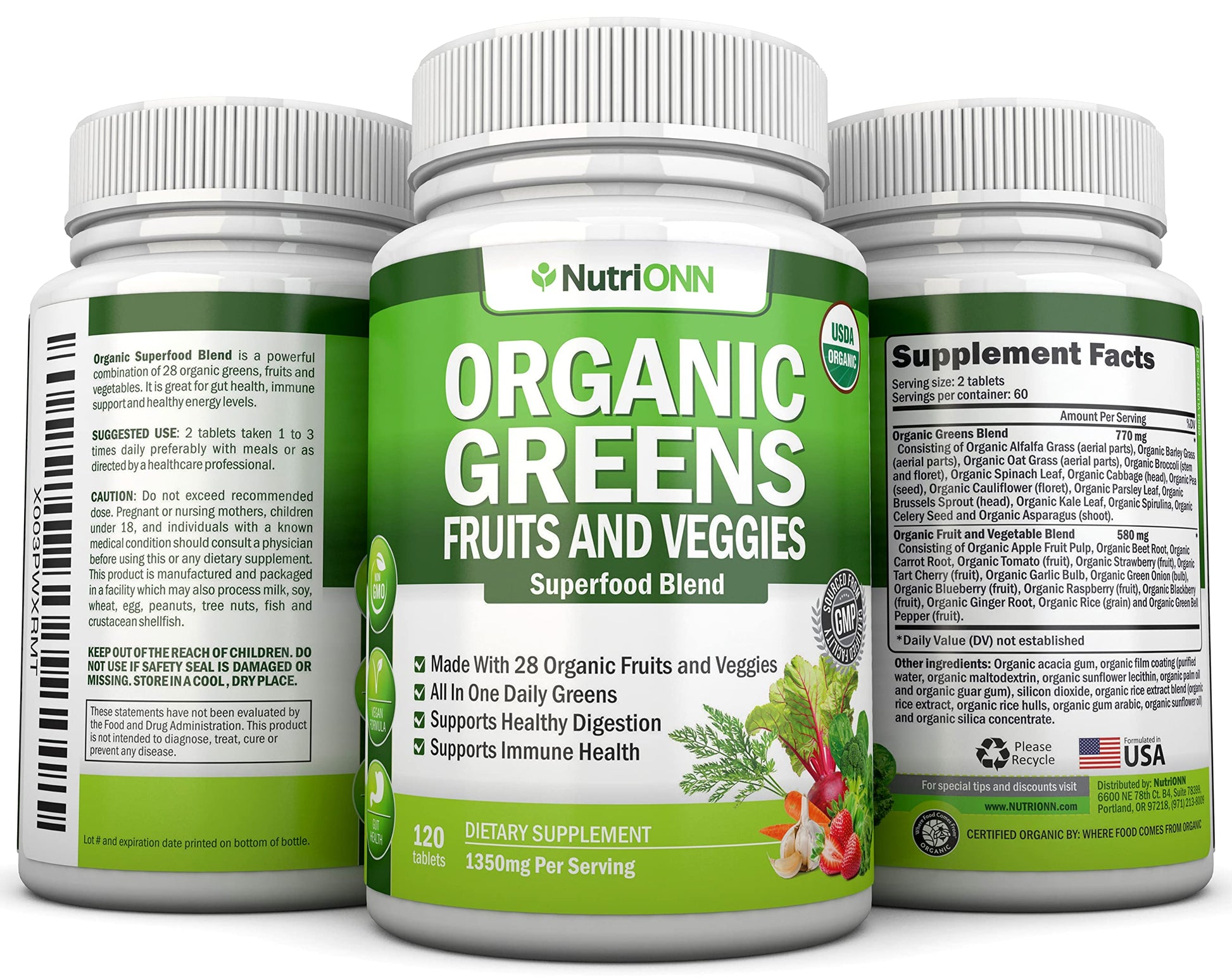 Organic Super Greens Capsules - Fruit And Vegetable Supplements - 120 Count - 28 USDA Organic & Vegan Premium Ingredients - Superfood Blend For Immune Health, Digestion & Energy - Whole Food Vitamins NutriONNBuy Supplements Australia