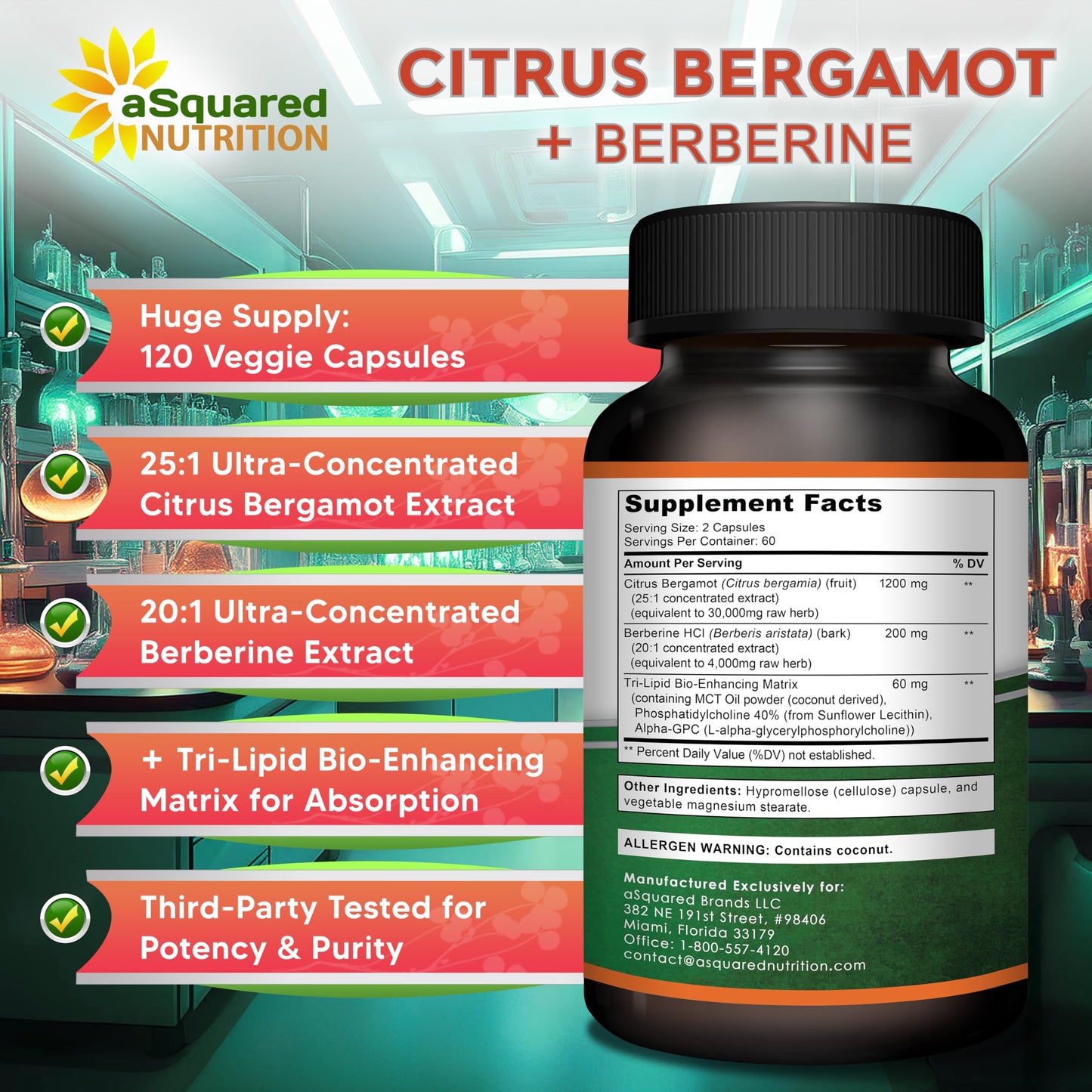 aSquared Nutrition Citrus Bergamot with Berberine Supplement - 1400mg Per Serving Max Strength Complex - 120 Capsules - Supports Cardiovascular Health