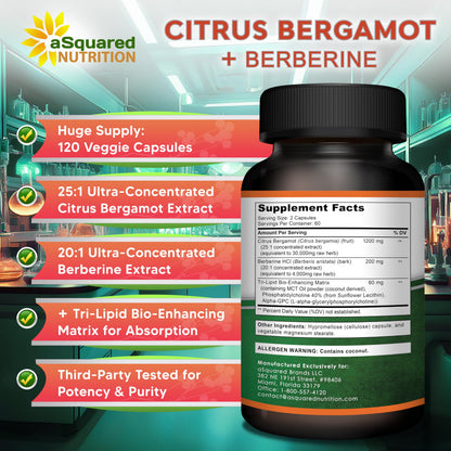 aSquared Nutrition Citrus Bergamot with Berberine Supplement - 1400mg Per Serving Max Strength Complex - 120 Capsules - Supports Cardiovascular Health