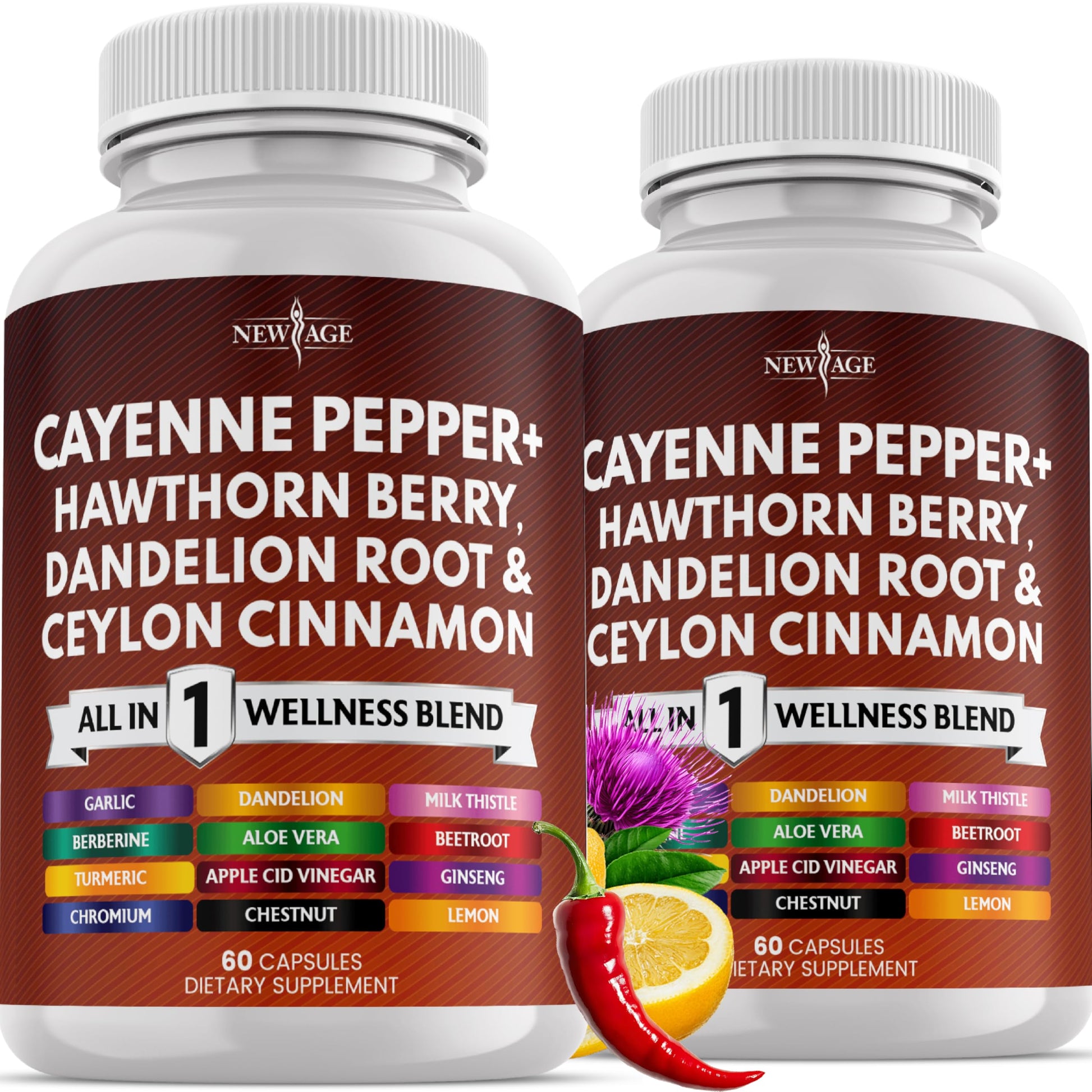 Two bottles of New Age Cayenne Pepper + Hawthorn Berry, Dandelion Root & Ceylon Cinnamon supplement on a white background.