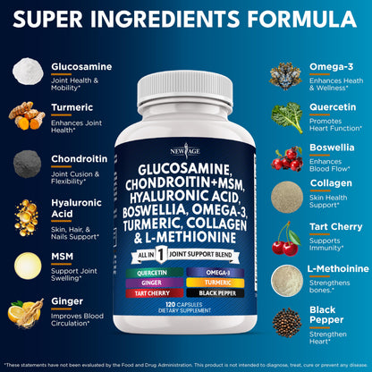 Glucosamine Chondroitin, MSM, Turmeric Curcumin, Collagen, Hyaluronic Acid, Omega 3 – Health Supplement for Men & Women – 240 Count