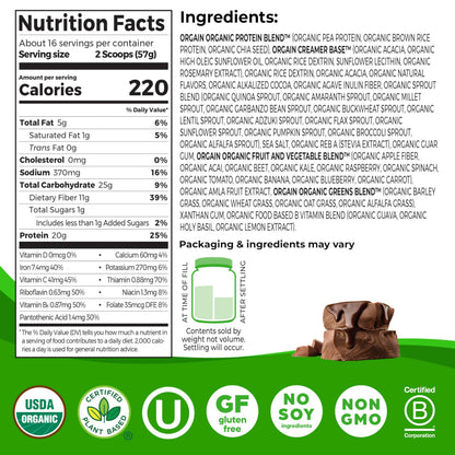 Orgain Organic Vegan Meal Replacement Protein Powder, Creamy Chocolate Fudge - 20g Plant Based Protein, Gluten Free, Dairy Free, Lactose Free, Soy Free, No Sugar Added,